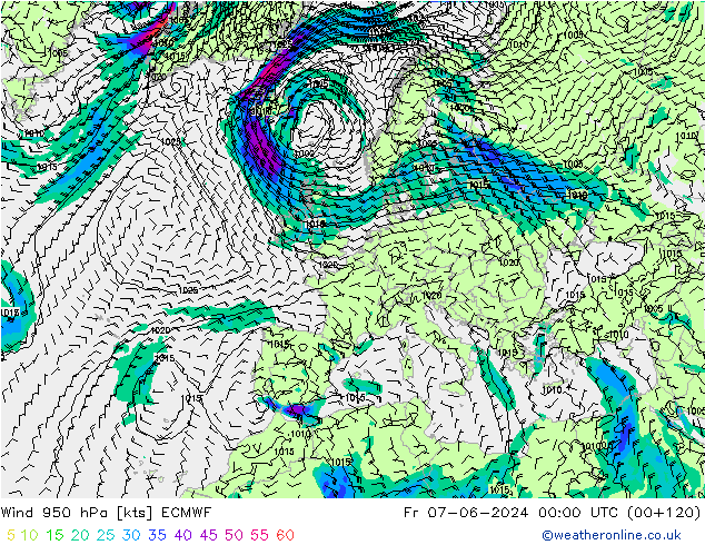 Prec 6h/Wind 10m/950 ECMWF ven 07.06.2024 00 UTC