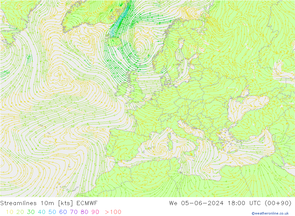Linia prądu 10m ECMWF śro. 05.06.2024 18 UTC