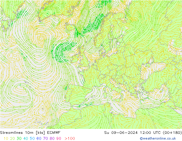 Stroomlijn 10m ECMWF zo 09.06.2024 12 UTC