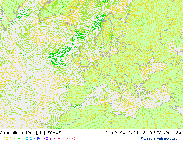 Stromlinien 10m ECMWF So 09.06.2024 18 UTC