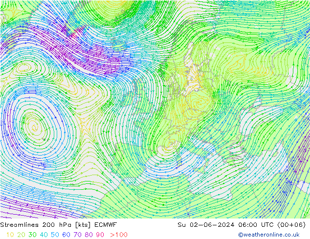 Ligne de courant 200 hPa ECMWF dim 02.06.2024 06 UTC