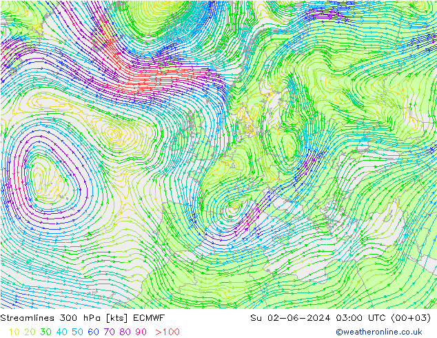 Linea di flusso 300 hPa ECMWF dom 02.06.2024 03 UTC