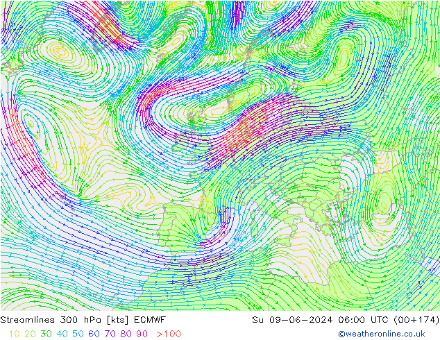 Linea di flusso 300 hPa ECMWF dom 09.06.2024 06 UTC