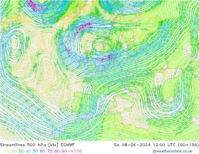 ветер 500 гПа ECMWF сб 08.06.2024 12 UTC