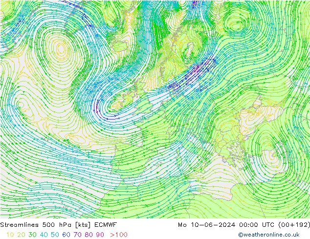 Rüzgar 500 hPa ECMWF Pzt 10.06.2024 00 UTC