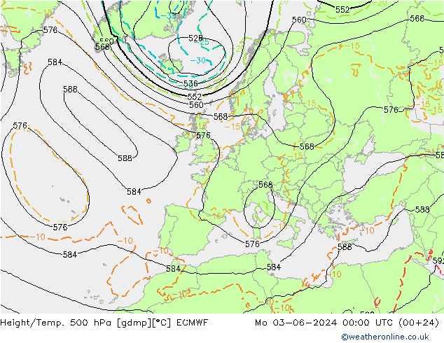 Z500/Rain (+SLP)/Z850 ECMWF pon. 03.06.2024 00 UTC