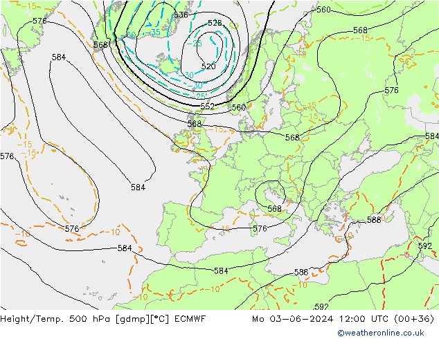 Height/Temp. 500 hPa ECMWF lun 03.06.2024 12 UTC