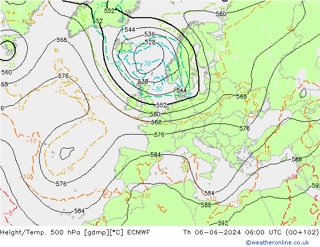 Z500/Rain (+SLP)/Z850 ECMWF jeu 06.06.2024 06 UTC
