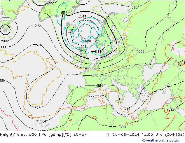 Z500/Rain (+SLP)/Z850 ECMWF Th 06.06.2024 12 UTC