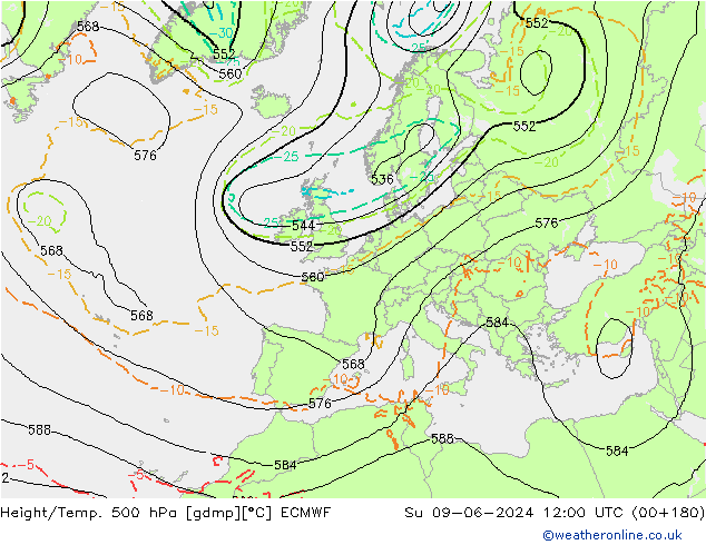 Height/Temp. 500 hPa ECMWF Dom 09.06.2024 12 UTC