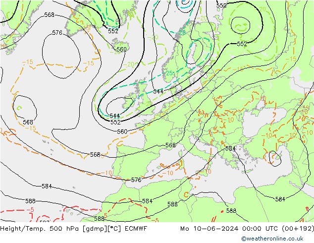 Z500/Rain (+SLP)/Z850 ECMWF Po 10.06.2024 00 UTC