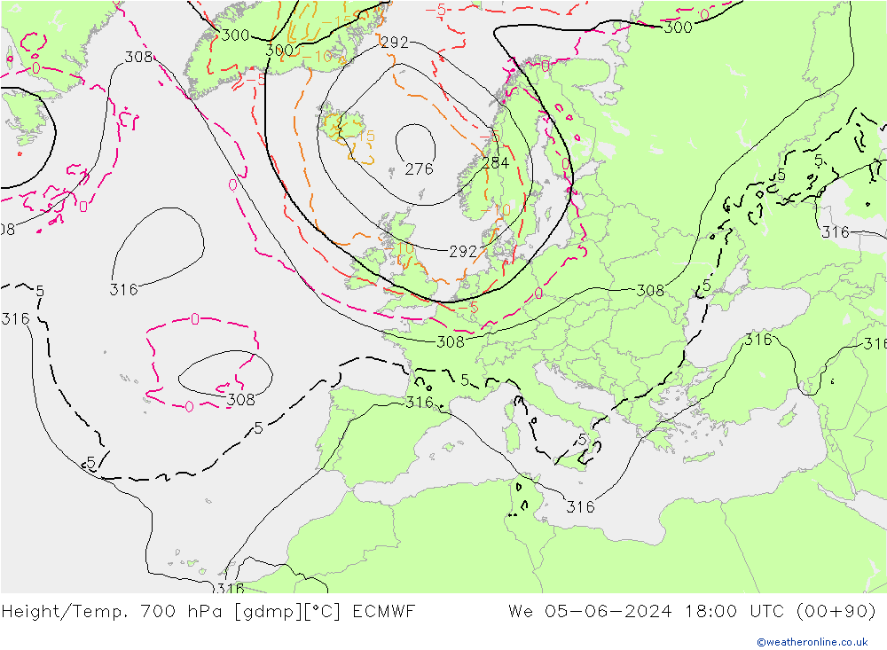 Height/Temp. 700 hPa ECMWF mer 05.06.2024 18 UTC