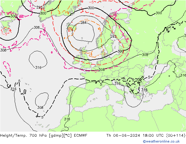 Height/Temp. 700 hPa ECMWF Do 06.06.2024 18 UTC