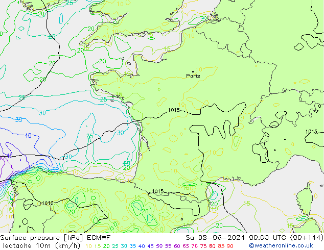 Isotachs (kph) ECMWF Sa 08.06.2024 00 UTC