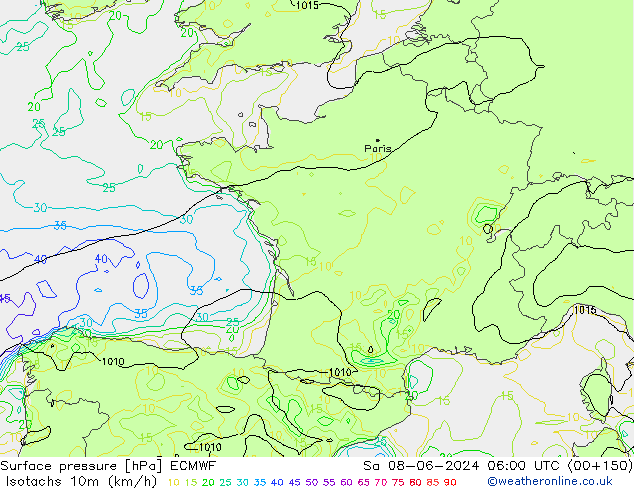 Isotachs (kph) ECMWF sab 08.06.2024 06 UTC