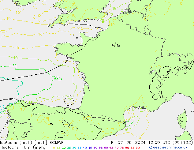 Isotachs (mph) ECMWF ven 07.06.2024 12 UTC