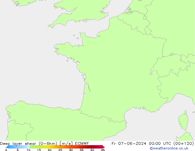 Deep layer shear (0-6km) ECMWF Sex 07.06.2024 00 UTC