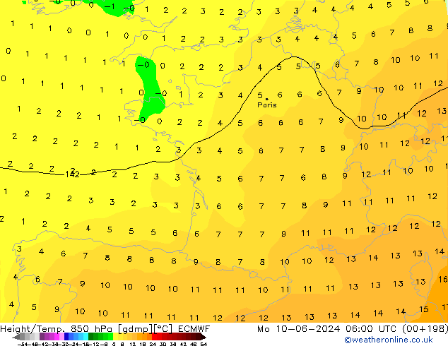 Géop./Temp. 850 hPa ECMWF lun 10.06.2024 06 UTC