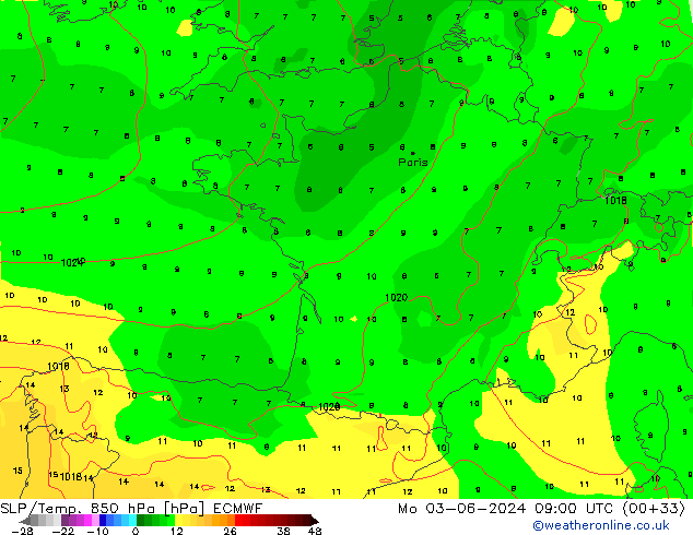 SLP/Temp. 850 hPa ECMWF Mo 03.06.2024 09 UTC