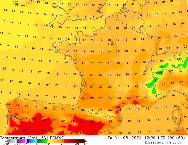 Temperature (2m) ECMWF Tu 04.06.2024 12 UTC