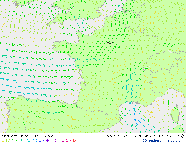 Wind 850 hPa ECMWF Mo 03.06.2024 06 UTC