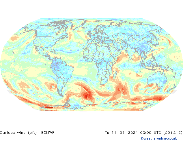 wiatr 10 m (bft) ECMWF wto. 11.06.2024 00 UTC