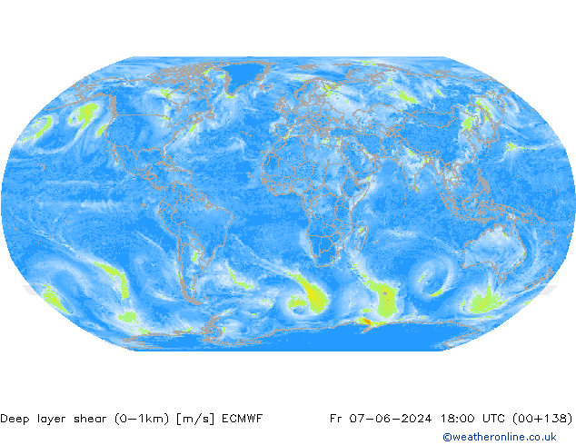 Deep layer shear (0-1km) ECMWF vr 07.06.2024 18 UTC