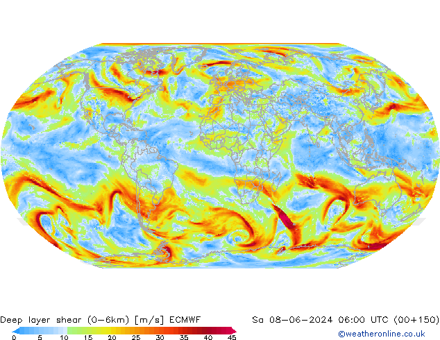 Deep layer shear (0-6km) ECMWF so. 08.06.2024 06 UTC