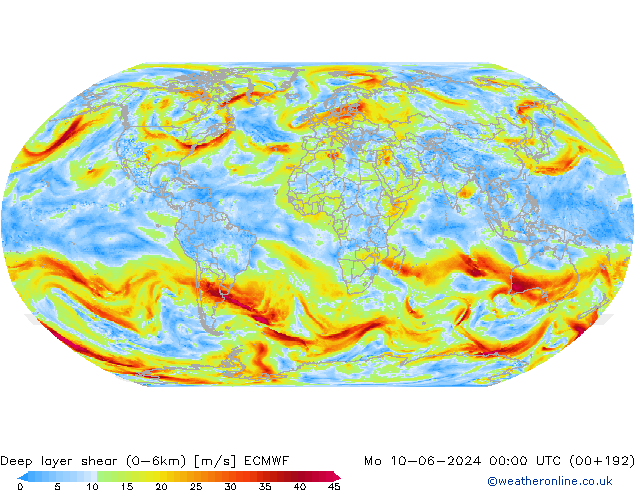Deep layer shear (0-6km) ECMWF Mo 10.06.2024 00 UTC
