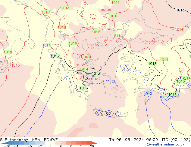 SLP tendency ECMWF Th 06.06.2024 06 UTC