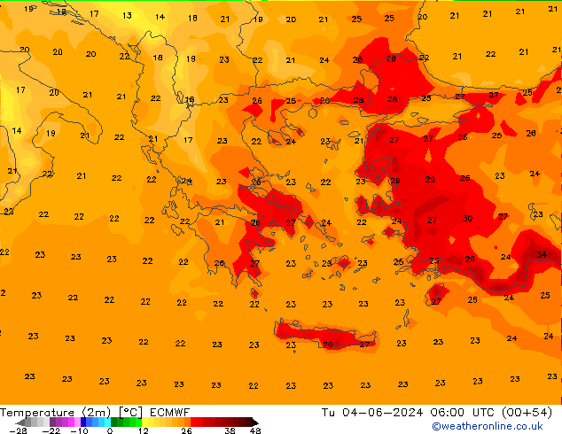 Temperature (2m) ECMWF Út 04.06.2024 06 UTC
