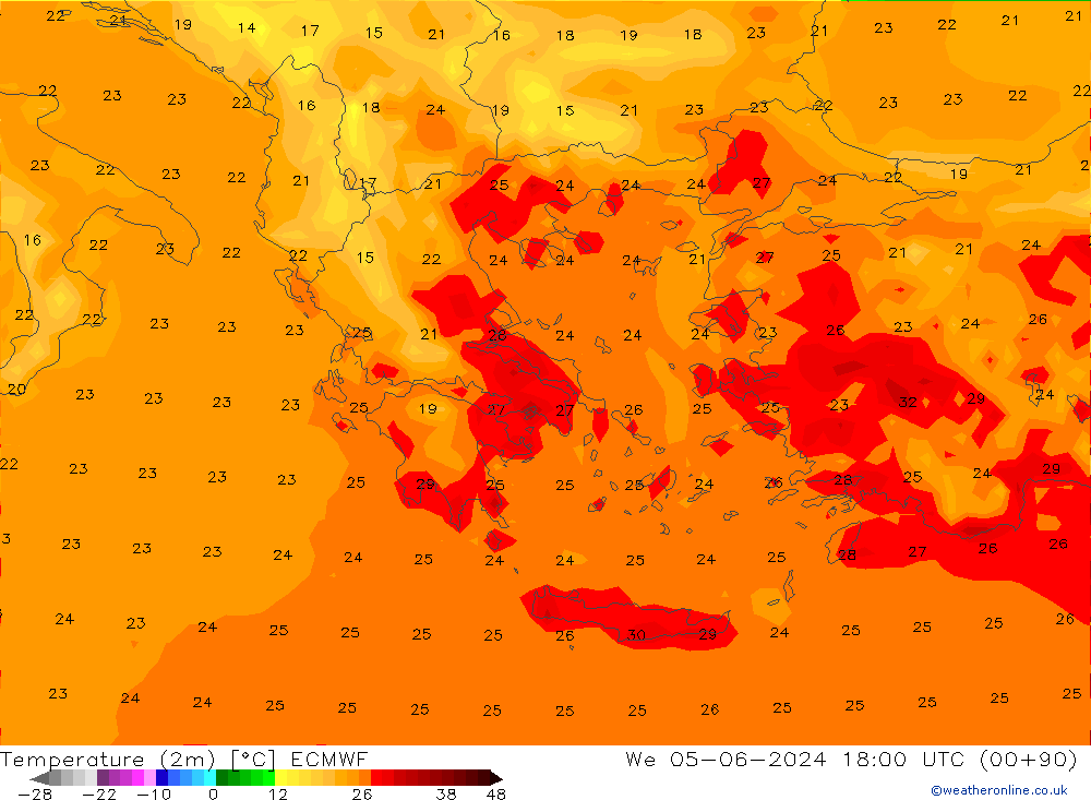 Temperatura (2m) ECMWF mer 05.06.2024 18 UTC
