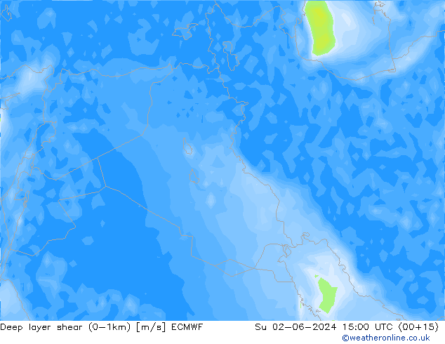 Deep layer shear (0-1km) ECMWF Ne 02.06.2024 15 UTC