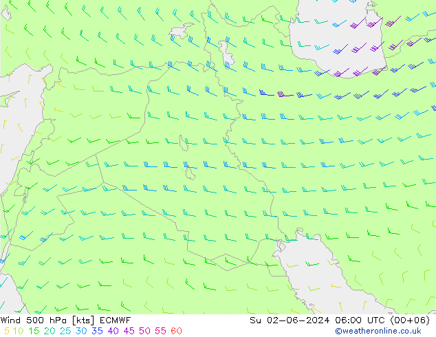 Wind 500 hPa ECMWF Su 02.06.2024 06 UTC