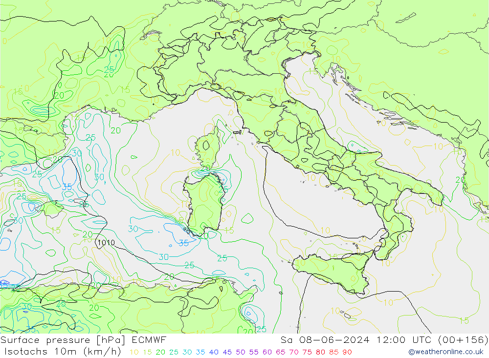 Isotachs (kph) ECMWF Sa 08.06.2024 12 UTC