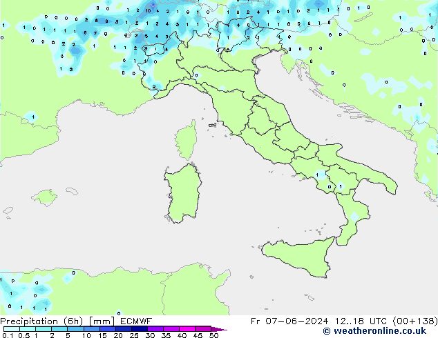 Precipitation (6h) ECMWF Pá 07.06.2024 18 UTC