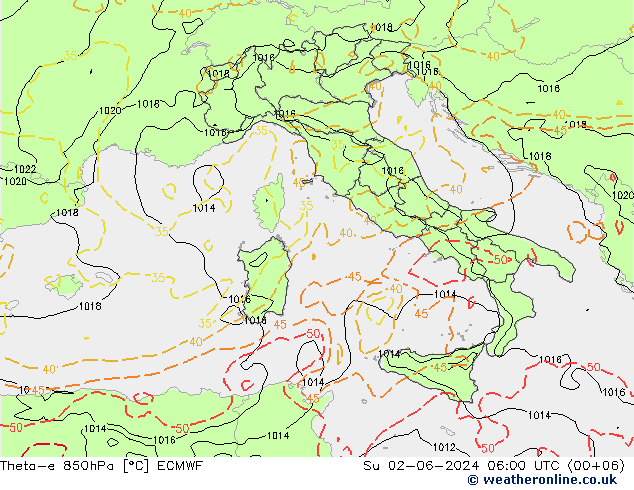 Theta-e 850hPa ECMWF Su 02.06.2024 06 UTC