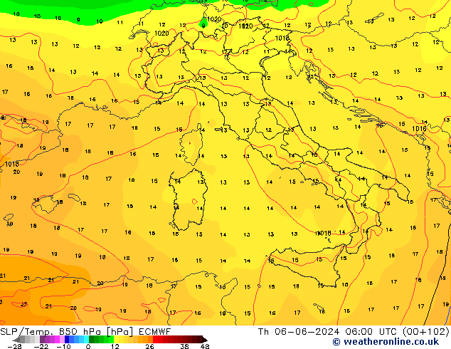 SLP/Temp. 850 гПа ECMWF чт 06.06.2024 06 UTC