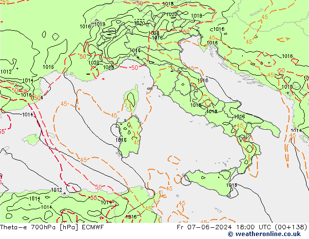 Theta-e 700hPa ECMWF Fr 07.06.2024 18 UTC