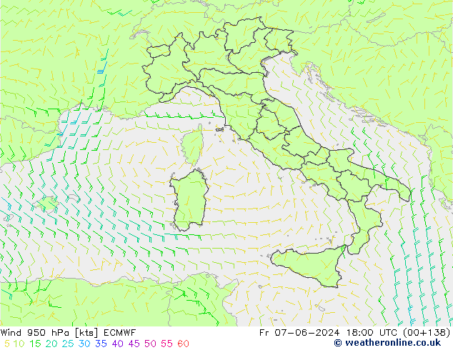 Vento 950 hPa ECMWF ven 07.06.2024 18 UTC