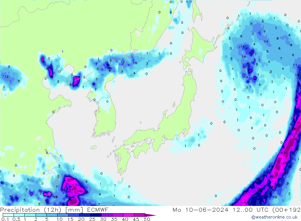 Totale neerslag (12h) ECMWF ma 10.06.2024 00 UTC