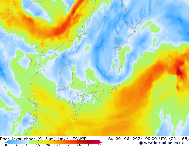 Deep layer shear (0-6km) ECMWF Ne 09.06.2024 00 UTC