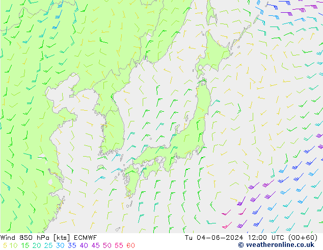 Wind 850 hPa ECMWF Út 04.06.2024 12 UTC