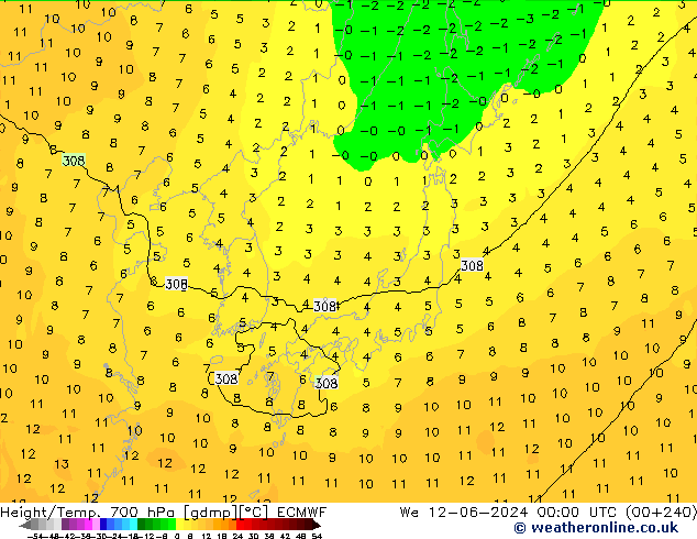 Height/Temp. 700 hPa ECMWF St 12.06.2024 00 UTC