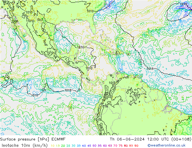 Isotachen (km/h) ECMWF do 06.06.2024 12 UTC