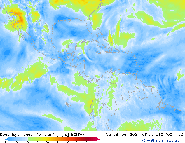 Deep layer shear (0-6km) ECMWF za 08.06.2024 06 UTC