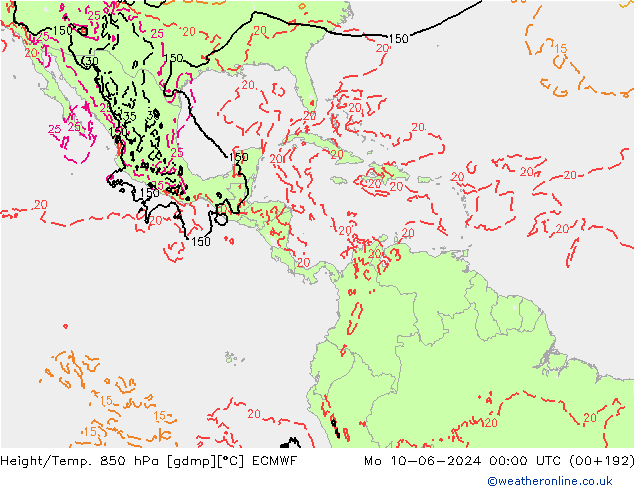 Height/Temp. 850 hPa ECMWF pon. 10.06.2024 00 UTC