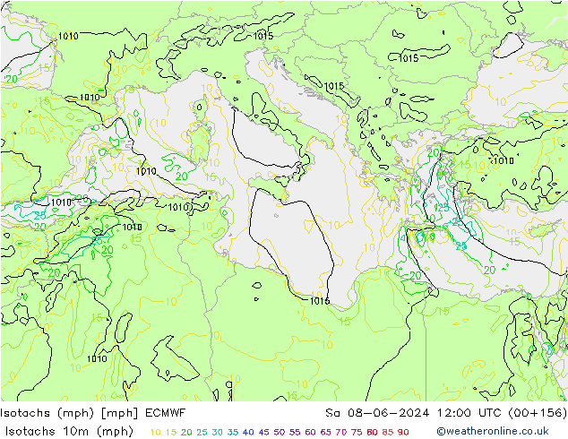 Isotachs (mph) ECMWF sam 08.06.2024 12 UTC