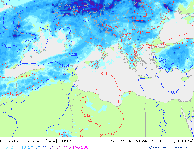 Precipitation accum. ECMWF Su 09.06.2024 06 UTC