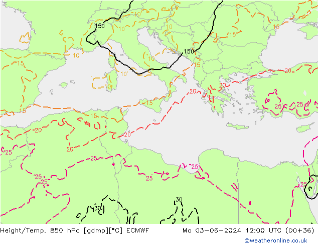 Z500/Yağmur (+YB)/Z850 ECMWF Pzt 03.06.2024 12 UTC